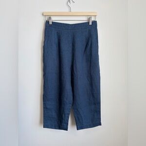 Linen Blue Wide Leg Capri Pants Stretchy Waistband Beach Spring